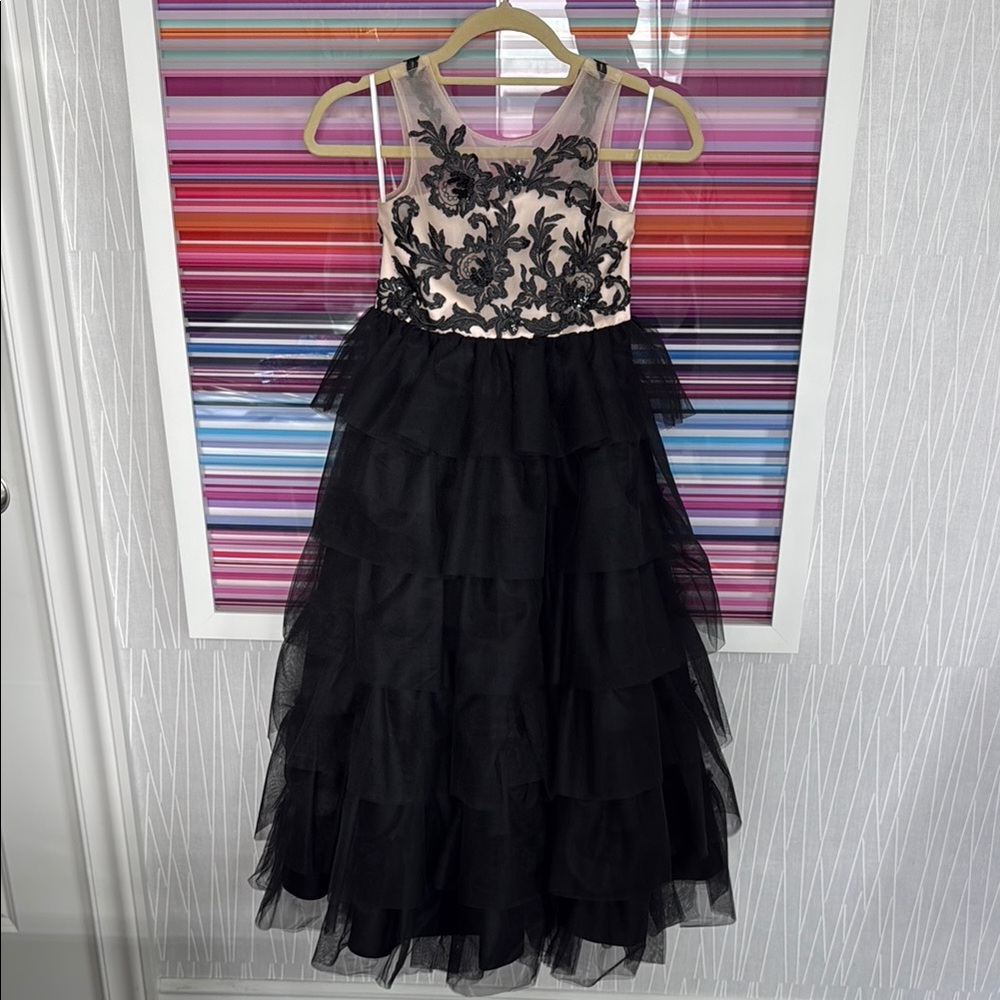 Sleeveless Black Tiered Tulle Dress with Blush Embroidered Bodice